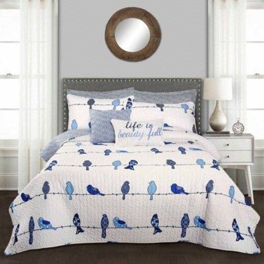 Open Box - Lush Decor - 7pc King Rowley Birds Quilt & Sham Set Navy - Lush Navy